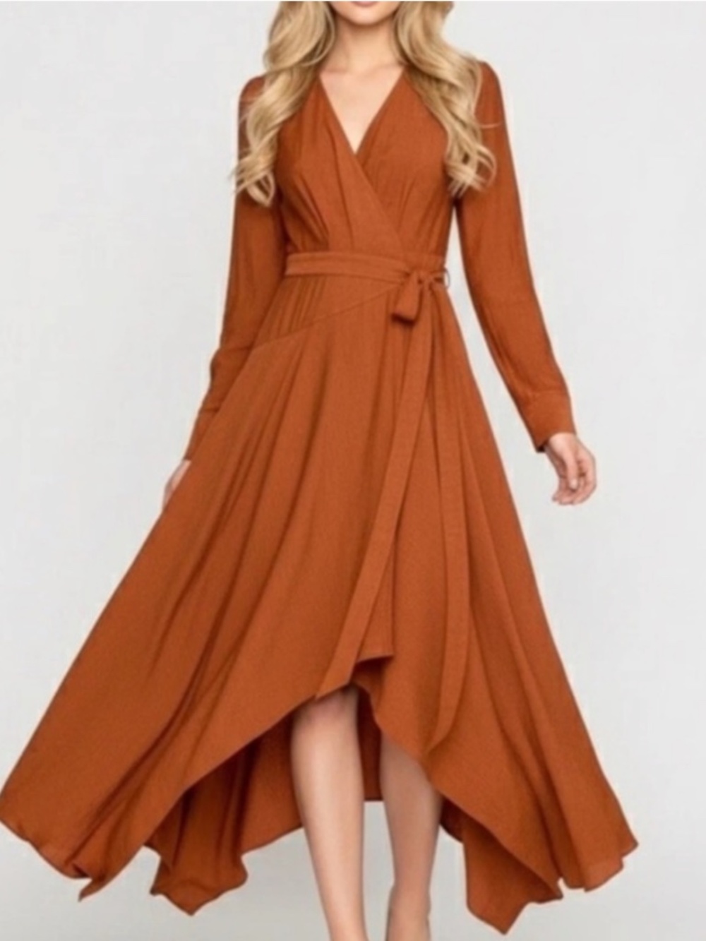 BCBG MaxAzria Rust Wrap Dress Long Sleeve Tie Waist Midi XS